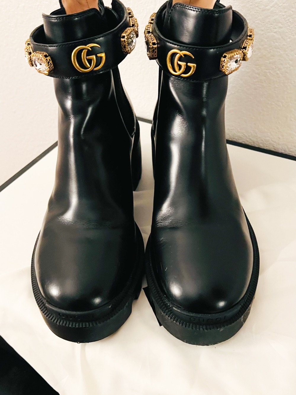 Gucci Black Leather Ankle Boots with Gold GG and Jeweled Strap
